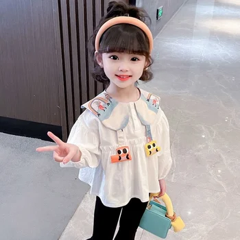 Белые рубашки для девочек, весна и осень, Корейский Милый мультяшный лацкан, 2023, Новая модная хлопковая детская одежда, Свободный повседневный топ