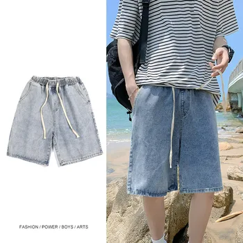 Мужские летние джинсовые шорты в Корейском стиле с эластичной резинкой на талии, прямые брюки на шнуровке, студенческие свободные повседневные брюки, хлопковые брюки 0
