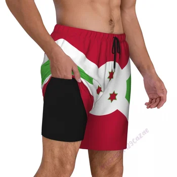Мужские плавки с 3D рисунком флага Бурунди и компрессионной подкладкой 2 в 1, быстросохнущие летние шорты для плавания с карманами