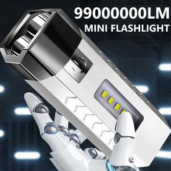 9900000LM Мини Мощный светодиодный фонарик с белой лампочкой, портативный рабочий фонарь, USB-выход для зарядки /вход, встроенный аккумулятор емкостью 2400 мАч