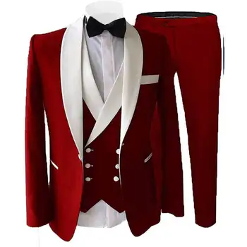 Мужской костюм из 3 предметов, приталенный, с белым отворотом, С подходящими для деловых свадеб и банкетных комплектов курткой, жилетом и брюками 0