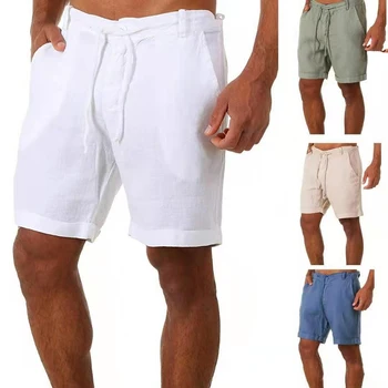 Пляжные свободные мужские шорты с завязками, уличная одежда, Летние уличные мужские повседневные брюки с пятью точками, хлопковые льняные шорты, Низ 0