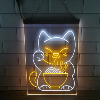 Двухцветная Светодиодная Неоновая Вывеска Maneki Neko Ramen Luck Cat