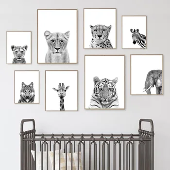 Черно-белый плакат с животными, Тигр Лев, Жираф, Гепард, Слон, Волк, Зебра, детская Стена, художественная печать, холст, живопись, декор детской комнаты