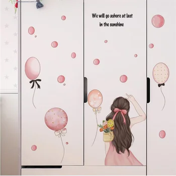 Розовый Вид на спину девушки, наклейки на стену с воздушным шаром для росписи комнаты девочки, Романтическое украшение стен спальни