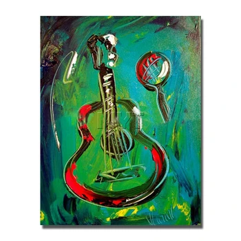 Современные картины с изображением гитары для декора гостиной, красивая цветная картина маслом на холсте, настенный холст с ручной росписью, зеленое искусство