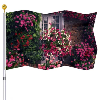 Цветы Флаг Красный Розовый Цветочный на стене Флаги с двойной прошивкой Баннер с латунными люверсами Дом Внутренний сад Двор Наружный декор 0