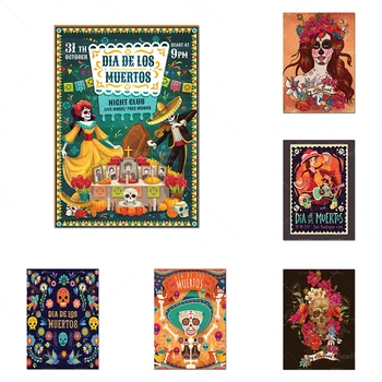 Мексика Фестиваль Мертвого Сахарного Черепа Художественный Плакат с печатным Художественным Ужасом Готический Череп Домашний Декор Настенный Художественный Плакат