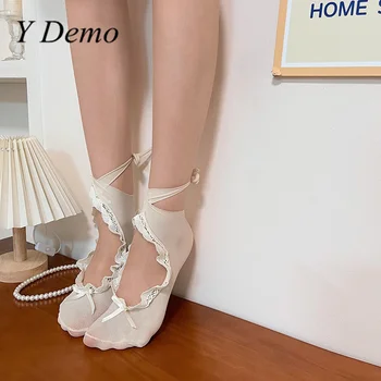 Y Demo Носки с кружевным ремешком в стиле балета в ретро-стиле, оборки с бантом, лоскутные носки с низкой трубкой для женщин