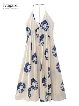 Винтажное платье Миди Ivogarel 2023 в складку, с V-образным вырезом, регулируемыми тонкими бретельками и завязками, Открытой спиной, Уникальное и стильное