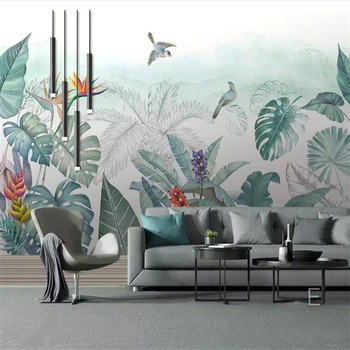 обои wellyu papel de parede на заказ в скандинавском стиле с ручной росписью маленьких свежих тропических растений, цветов и птиц на заднем плане