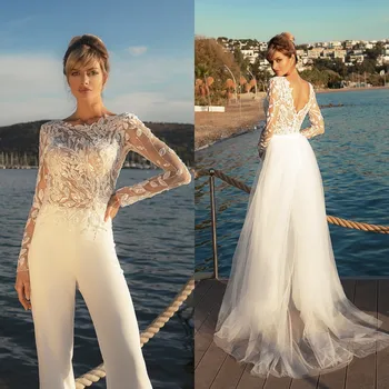 Кружевной Иллюзионный лиф, свадебные платья, свадебный комбинезон со съемным шлейфом и длинными рукавами, женское Платье Vestido De Novia 0