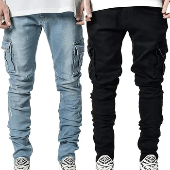Мужские Узкие черные байкерские рваные джинсы с боковым карманом, мужские джинсы-карго большого размера со средней талией, брюки для бега, джинсовые брюки для бега 4XL