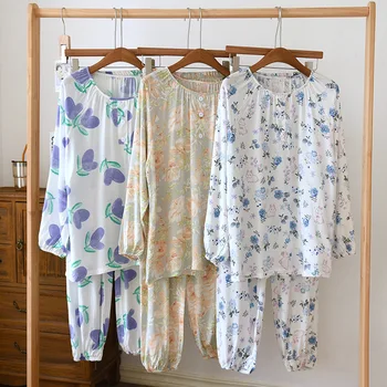 Женские пижамные комплекты с брюками из вискозы, эластичные тонкие пижамы с длинными рукавами, костюм для лета и осени, домашняя одежда из мягкого хлопка