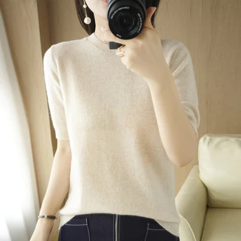 Весной и летом Новый свитер из чистой шерсти, вязаная футболка, Свитер, Женская свободная Корейская рубашка с подкладкой в половину рукава