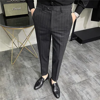 Брендовая одежда Мужские Облегающие хлопчатобумажные костюмные брюки в полоску, мужские Высококачественные Деловые костюмные брюки, мужские укороченные брюки в сетку для отдыха 0