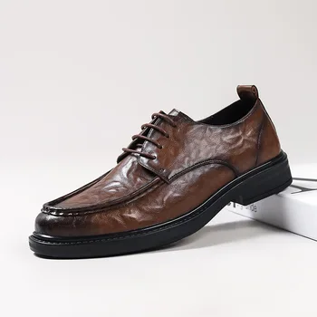 2023 Мужские модельные туфли, оксфорды из натуральной кожи на шнуровке, черные, коричневые деловые офисные свадебные вечерние туфли для мужчин 0
