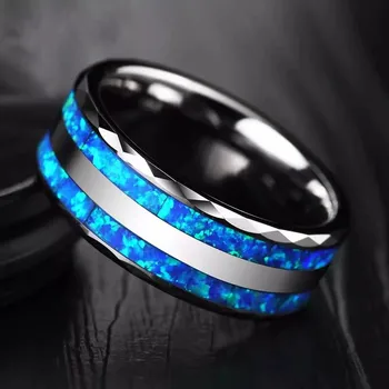 8 мм, мужское модное кольцо из нержавеющей стали серебристого цвета, двойная полированная канавка, инкрустация голубым опалом, Свадебное обручальное кольцо для женщин