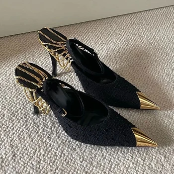 Женские туфли-лодочки на высоком каблуке с модным украшением в виде цепочки, элегантные босоножки на шпильке, вечерние туфли с острым носком для женщин 2