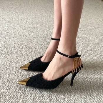 Женские туфли-лодочки на высоком каблуке с модным украшением в виде цепочки, элегантные босоножки на шпильке, вечерние туфли с острым носком для женщин 4