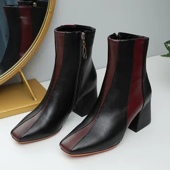 Осенне-зимние новые женские ботинки на толстом каблуке с квадратным носком, модные короткие ботинки для вечеринок, большие размеры 34-48, высота 7 см 2