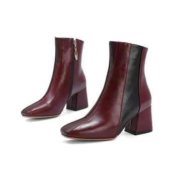 Осенне-зимние новые женские ботинки на толстом каблуке с квадратным носком, модные короткие ботинки для вечеринок, большие размеры 34-48, высота 7 см 4
