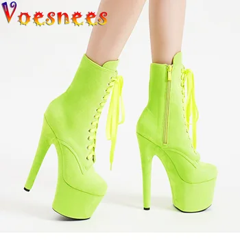 Короткие сапоги ярких цветов Плюс размер, женская обувь на платформе и высоком каблуке, замшевые туфли для танцев на шесте со шнуровкой, зеленые клубные женские туфли-лодочки на молнии сбоку