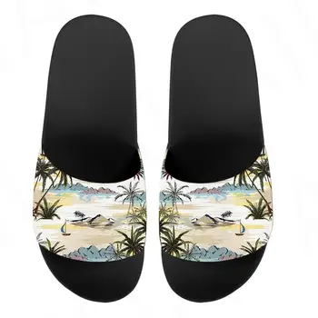Летние женские тапочки, удобные пляжные сандалии с гавайским рисунком дерева, мягкие домашние тапочки для пары, нескользящие шлепанцы на толстой подошве