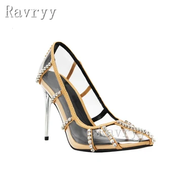 Прозрачные туфли из ПВХ на высоком тонком каблуке, босоножки с острым носком, украшенные цепочкой с бриллиантами, Офисная женская официальная обувь