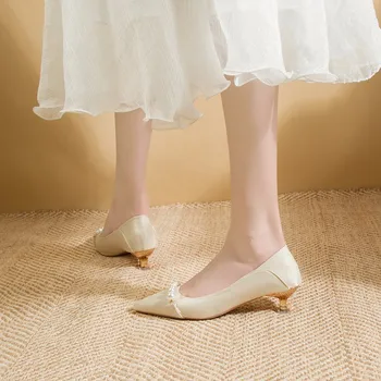 Женские свадебные туфли-лодочки из бисера с острым носком, туфли-лодочки с жемчугом, Модельные туфли на среднем каблуке, женские туфли без застежки, Красный 9816N