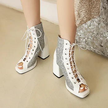 Летние пикантные Женские ботинки из ткани с открытым носком, расшитые блестками, на платформе и высоком каблуке в стиле пэчворк, Черные, Белые, для вечеринок, Женская обувь 2023