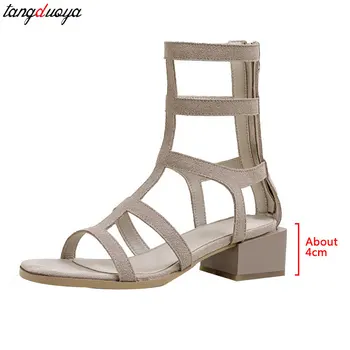 Летние Новые римские сандалии из липкой кожи с открытым носком на квадратном каблуке, римские туфли из искусственной кожи, сандалии на среднем каблуке с перекрестным ремешком и застежкой-молнией для женщин 2023 г. 5