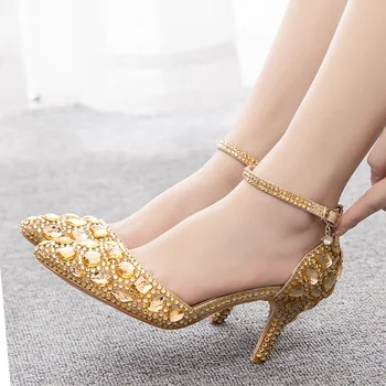 Женские свадебные туфли с золотистым кристаллом и стразами на высоком каблуке 7,5 см с ремешком на щиколотке женские вечерние модельные туфли