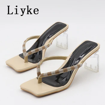 Размер 36-42 Liyke, странный стиль, прозрачные тапочки на каблуках, летние босоножки со стразами, Женские шлепанцы-лодочки 0