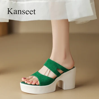 Тапочки на платформе Kanseet, женская обувь, Летние детские замшевые тапочки с открытым носком, модная женская обувь ручной работы на толстом высоком каблуке, Зеленый 40 г.