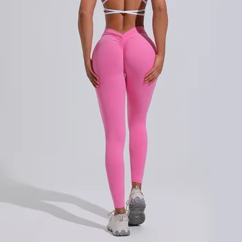 Сексуальные Однотонные Мягкие леггинсы для йоги с высокой талией, облегающие женские спортивные брюки для фитнеса, Комплексная тренировка, бег трусцой, Задняя V-образная морщина