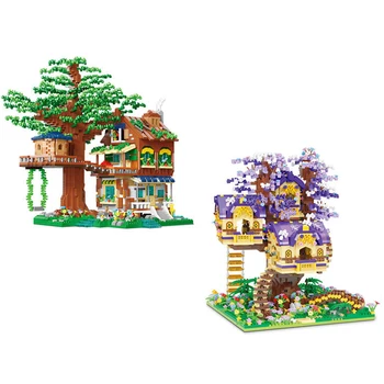 Собранные мини-строительные блоки TreeHouse, улица Вишневого города, 3D-модель, Эльфийский Домик на дереве, Кирпичи Mirco, Фигурки для детских игрушек