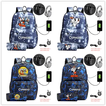 2 шт./лот, холщовый рюкзак Cuphead Mugman с пеналом, Школьная сумка, usb-зарядка, сумка через плечо, спортивные сумки для подростков, ноутбук 0