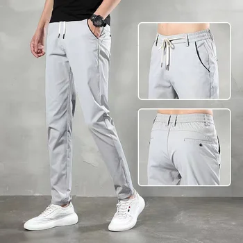 Весенне-летние модные повседневные брюки, мужские дышащие прямые тонкие брюки из шелка льда, Новые деловые эластичные брюки для мужчин 0