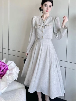 Корейская мода, весна-осень, Маленький ароматный однобортный жакет с длинным рукавом + юбка миди с высокой талией, Наряды из 2 предметов для женщин