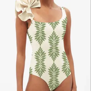 Цельный купальник с модным принтом, плиссированные бретельки с объемным рисунком в виде цветка, Шикарное бикини, Элегантная женская тонкая пляжная одежда 2023 года.