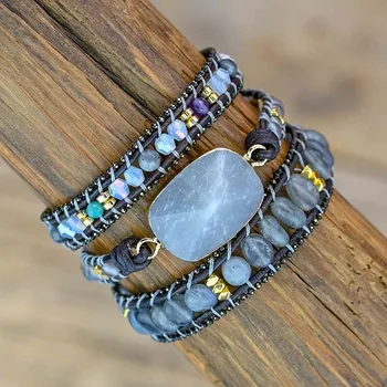 Браслет из серого натурального камня с 3 обертками ручной работы в стиле бохо, уникальный браслет из лабрадорита, подарок по дропшиппингу