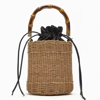 Новая плетеная сумка-ведро из ротанга с бамбуковой ручкой, женские сумки, богемная дорожная пляжная сумка через плечо, соломенные сумки ручной работы для женщин, сумка-тоут