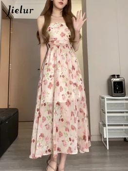 Шифоновое платье с цветочным рисунком на бретельках Jielur, Летнее Элегантное женское платье Макси без рукавов с принтом, повседневное платье для отпуска 0