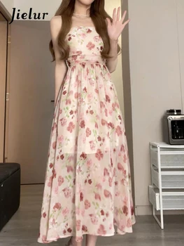 Шифоновое платье с цветочным рисунком на бретельках Jielur, Летнее Элегантное женское платье Макси без рукавов с принтом, повседневное платье для отпуска 3