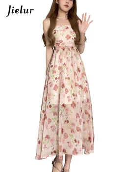 Шифоновое платье с цветочным рисунком на бретельках Jielur, Летнее Элегантное женское платье Макси без рукавов с принтом, повседневное платье для отпуска 5