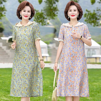 Платье для женщин среднего и пожилого возраста, летнее 40-летнее платье с капюшоном в цветочек, повседневное платье средней длины, свободные платья средней длины