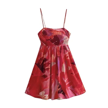 Женское короткое платье-слинг с милым красным принтом 2023, шикарные мини-платья трапециевидной формы с высокой талией для летних девушек, винтажное пляжное платье с цветочным рисунком
