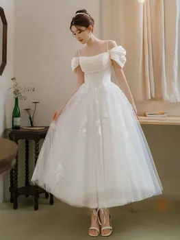 Элегантное белое свадебное платье с открытыми плечами, женское сетчатое вечернее платье в стиле пэчворк с высокой талией, женское винтажное платье для выпускного вечера трапециевидной формы 1