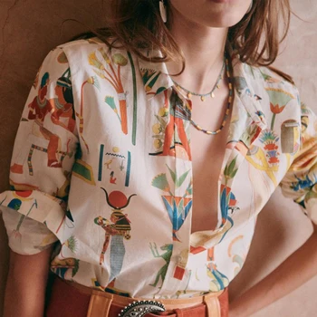 Летняя женская рубашка прямого кроя из 100% хлопка с рисунком и длинными рукавами, шикарные женские топы